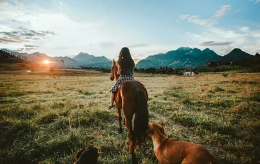 Criança fazendo um passeio a cavalo no Club Med Quebec Charlevoiux durante o verão.