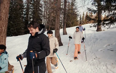 Um adulto e quatro crianças com raquetes de neve em trilha nos Alpes