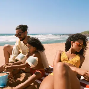 Familia na areia da praia.