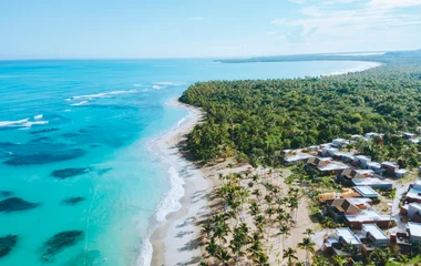 vista aérea del mar, playa y palmeras