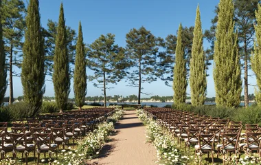 espaço de casamento ao ar livre com flores e assentos