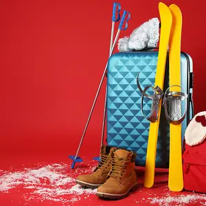 Mala de viagem ao lado de equipamentos de esqui, bota, luvas e mochila.