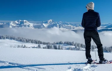 Pessoa de costas observando a paisagem enquanto usa equipamentos para caminhada com raquetes.