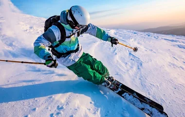 Homem esquiando com roupa verde e branca.