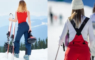 Montagem com fotos de uma mulher usando calças de esqui e outra salopete.