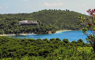 Ilha rodeada por natureza exuberante.
