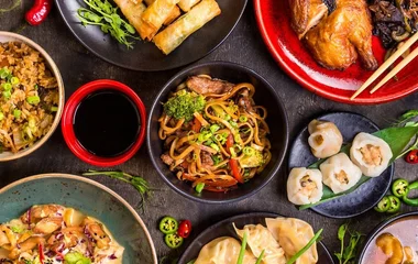 Diferentes pratos de comida chinesa, como rolinho primavera e guioza.