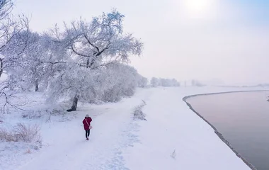 Mulher andando na paisagem de neve.