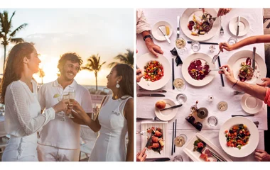 Collage of friends and family having dinner and drinks