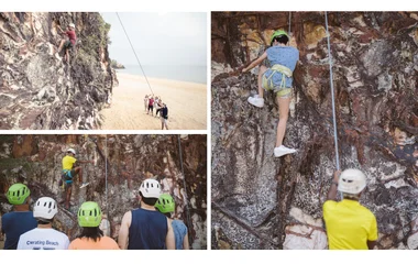 Collage of guests rock climbing
