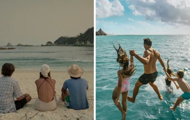 Collage of movie, "Y tu mama tambien” and family jumping into ocean