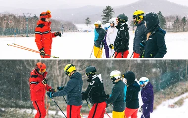 Collage of a group of friends during a ski lesson on the slopes