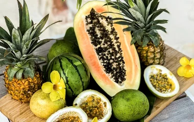 Tropical fruits platter at a Seychelles market