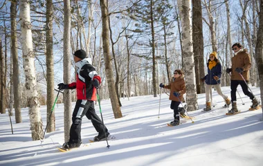 famille faisant des raquettes en forêt