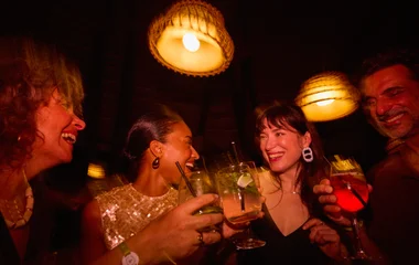 Um grupo de amigos curtindo na festa e bebendo drinques