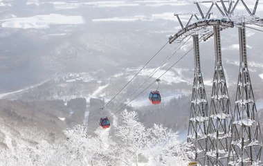 Gondolas going down a snowy hill.